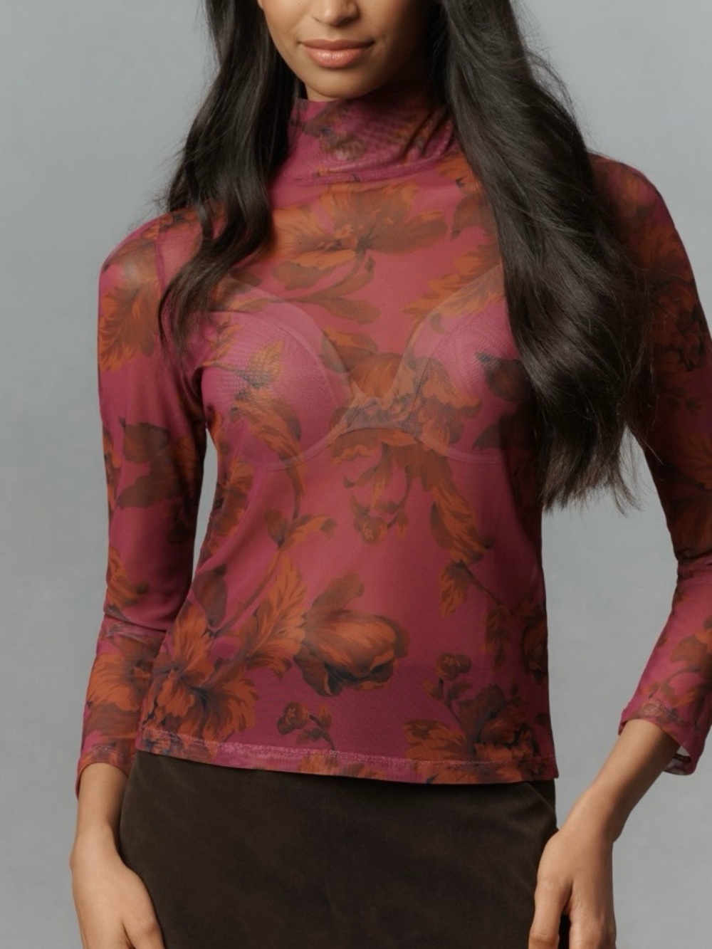 Anthropologie Floral Sheer Mock Neck Top in Berry and Rust